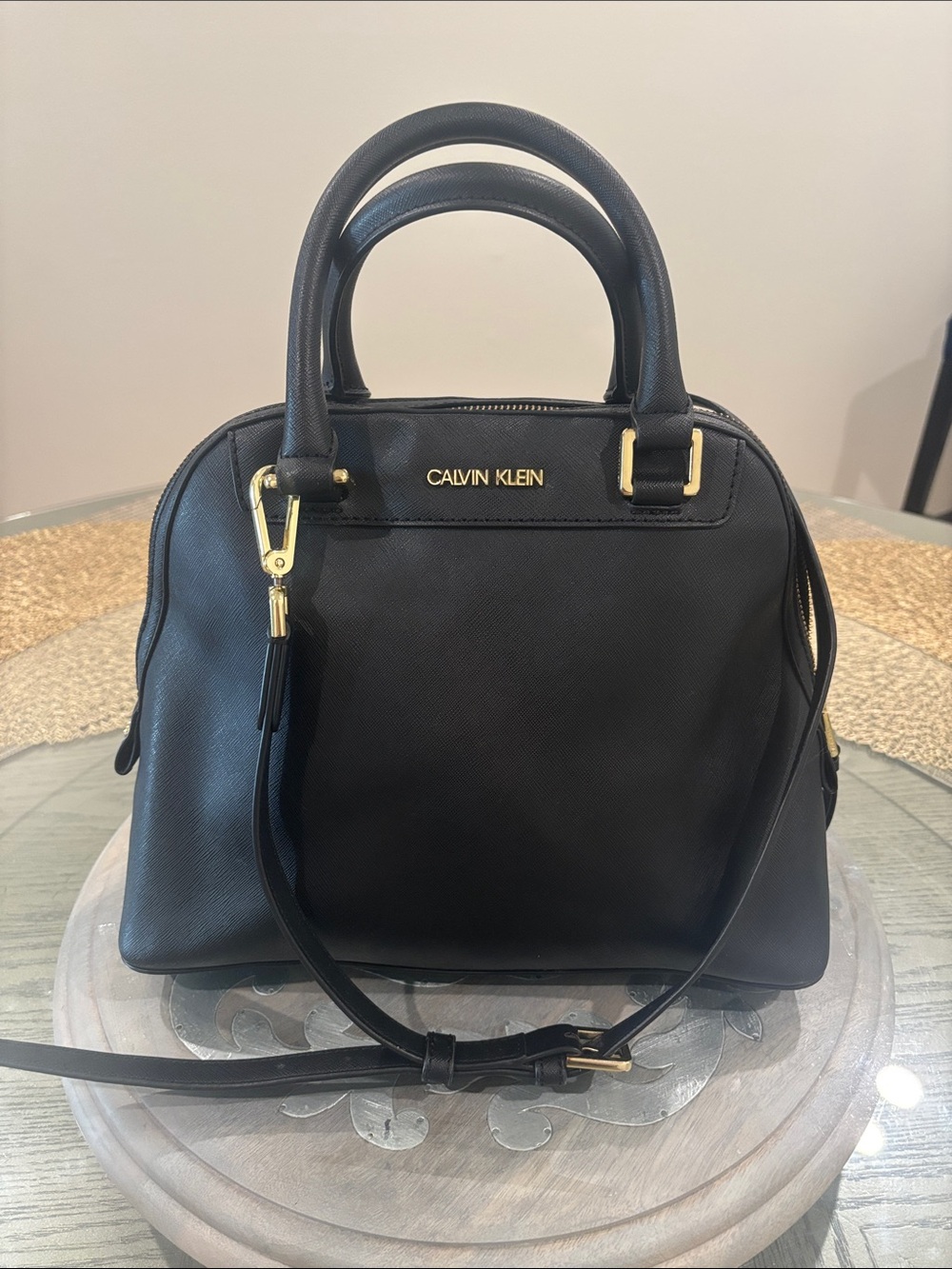 Calvin Klein Black Leather Dome Satchel with Gold Hardware
